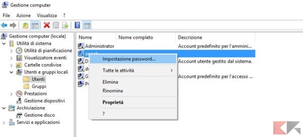 impostazione password utente windows 10