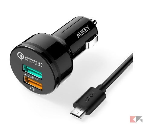 AUKEY Quick Charge 3.0 Caricatore per Auto di Due USB Porte, tra cui una Porta c