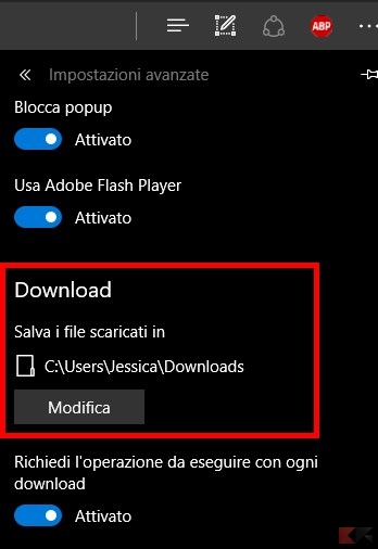 Cambiare la cartella di download in Microsoft Edge