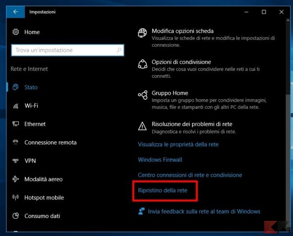 Windows 10: ripristinare le impostazioni di rete