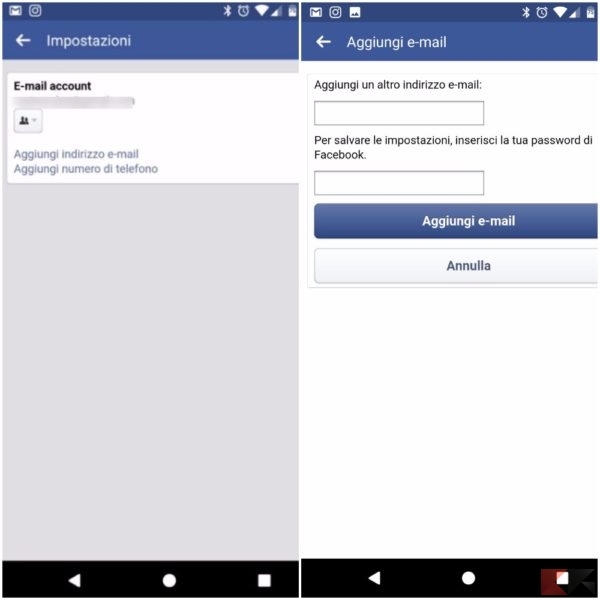 come modificare email facebook android