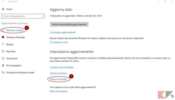opzioni avanzate windows update - windows 10