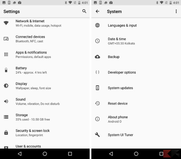 Android O - impostazioni