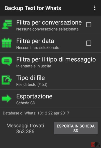 decriptare i messaggi di WhatsApp: Backup text for Whats