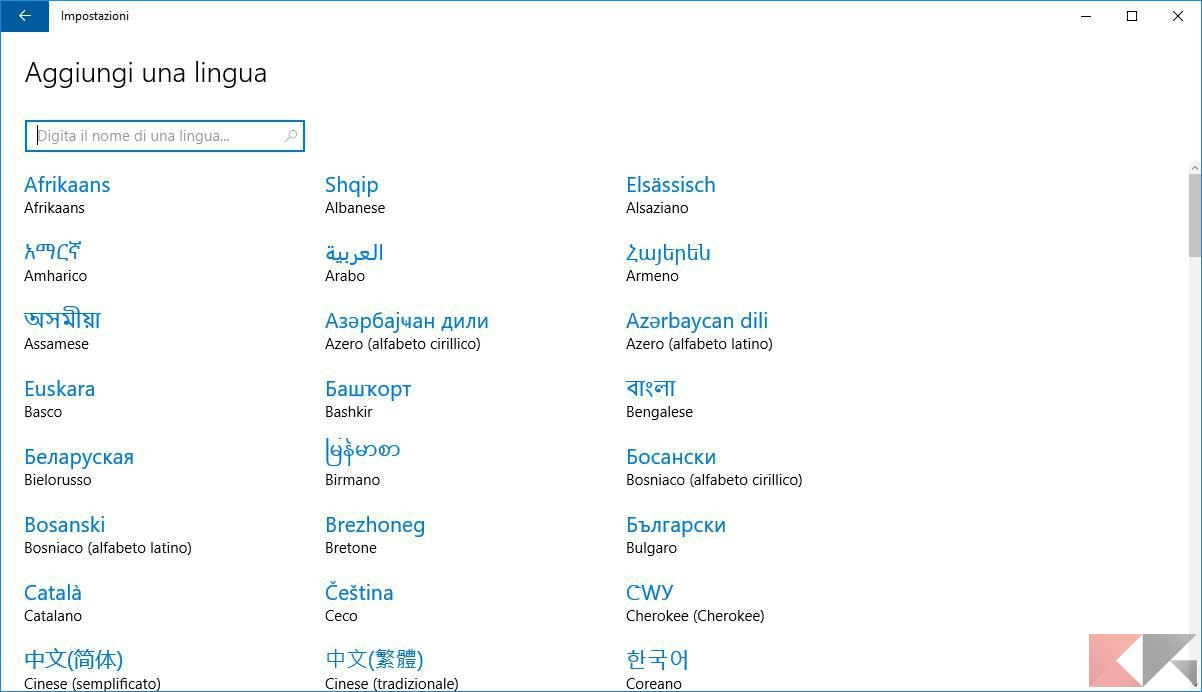 Cambiare lingua Windows 10