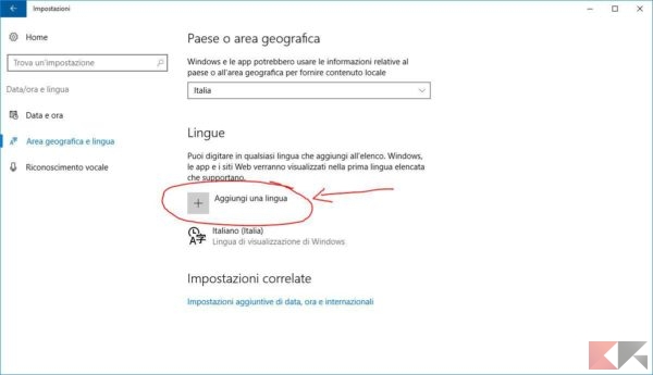 Cambiare lingua Windows 10