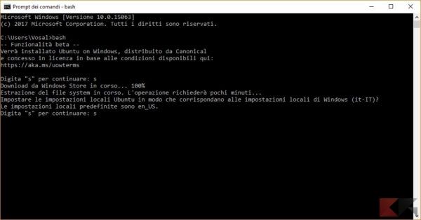 installare la Bash di Linux su windows 10: CMD