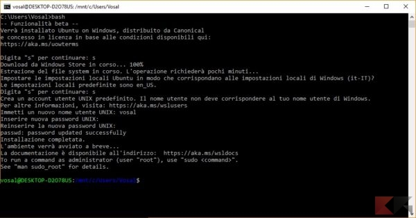 installare la Bash di Linux su windows 10: installazione conclusa