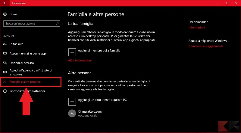 Come cancellare account utente Windows 10 - Account Famiglia e altre persone