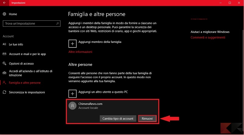 Come cancellare account utente Windows 10 - Impostazioni Windows 10 