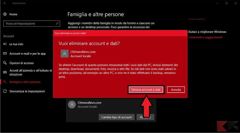 Come cancellare account utente Windows 10