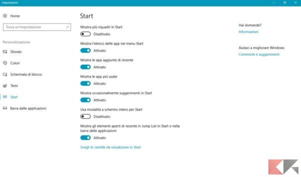 cambiare il menu Start di Windows 10
