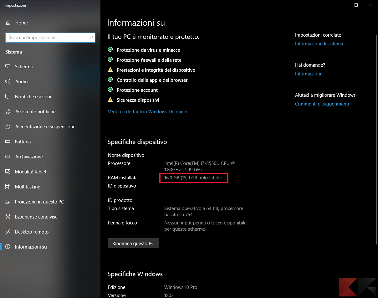 Schermata "Informazioni sul PC" di Windows 10