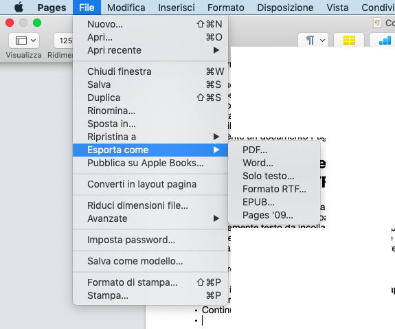 esportare file pages su mac