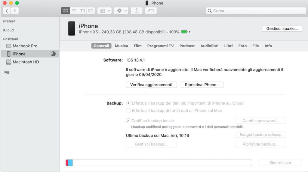 Effettuare backup iPhone su Mac