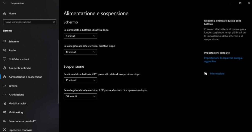 Impostazioni di alimentazione e sospensione di Windows 10