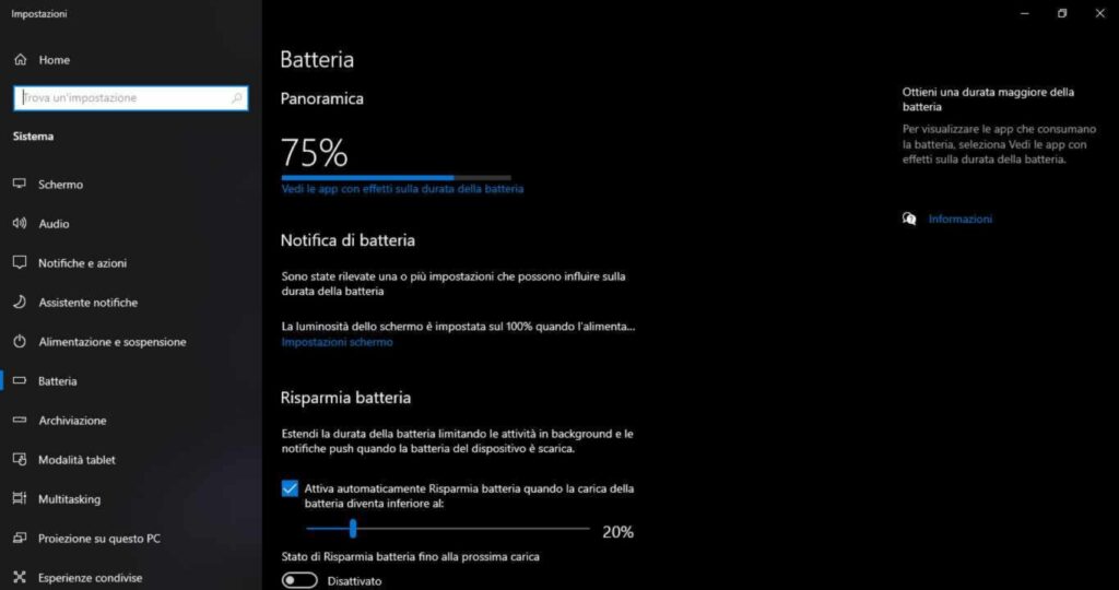 Risparmio batteria Windows 10