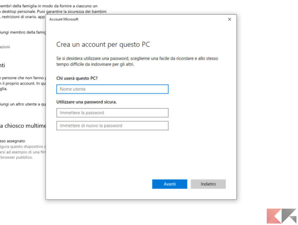 Come creare un nuovo utente in Windows 10