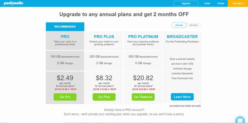 Screen della pagina del sito di Padomatic che mostra i piani a pagamento.