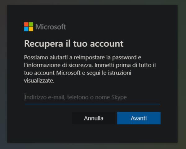 reimpostare password windows 10 account Microsoft
