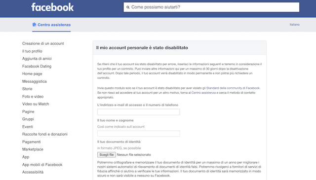 form facebook account bannato